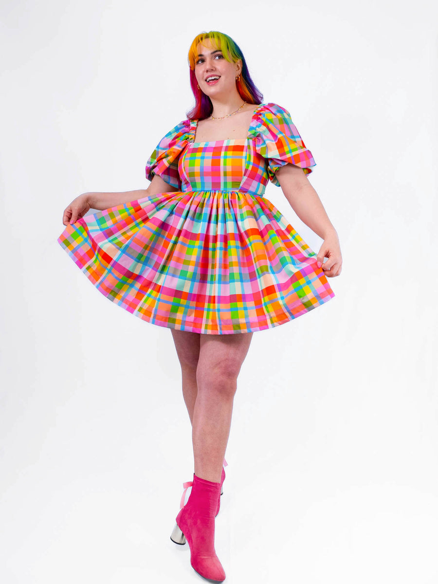 DELIGHTFUL MINI DRESS - RAINBOW CHECKER