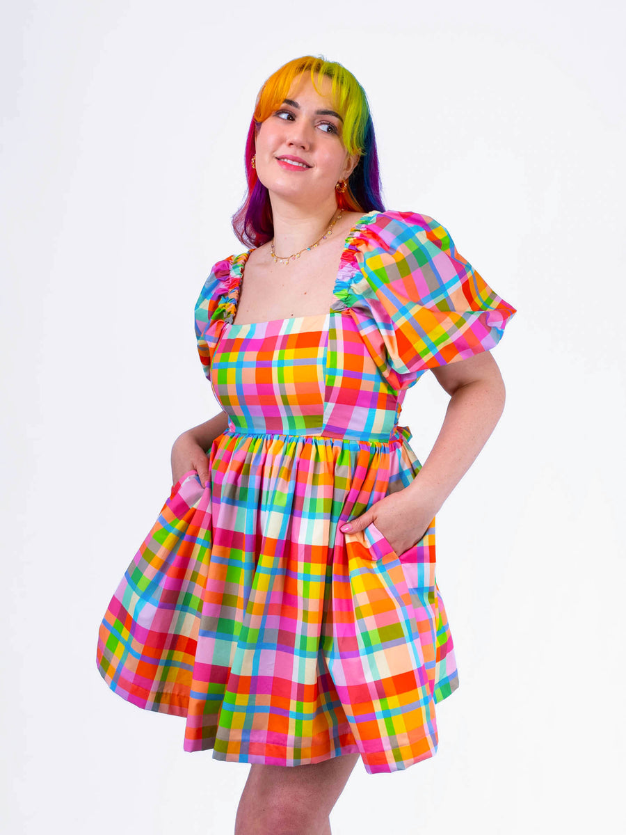 DELIGHTFUL MINI DRESS - RAINBOW CHECKER